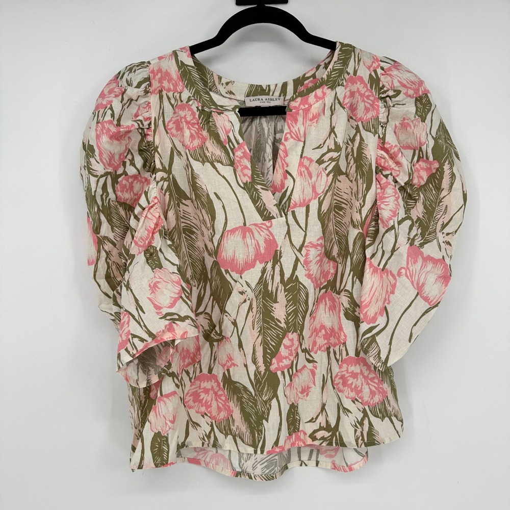 Laura Ashley Pink Green Floral Puff Sleeve Linen Blend Blouse Boho Feminine L